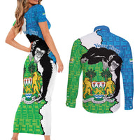 Personalised Sierra Leone Couples Matching Short Sleeve Bodycon Dress and Long Sleeve Button Shirt Chimpanzee With Coat Of Arms - Wonder Print Shop
