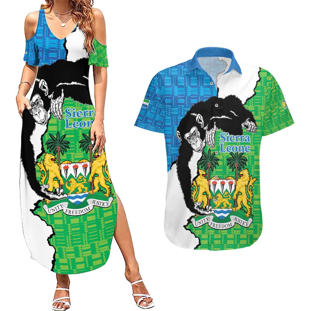 Personalised Sierra Leone Couples Matching Summer Maxi Dress and Hawaiian Shirt Chimpanzee With Coat Of Arms - Wonder Print Shop