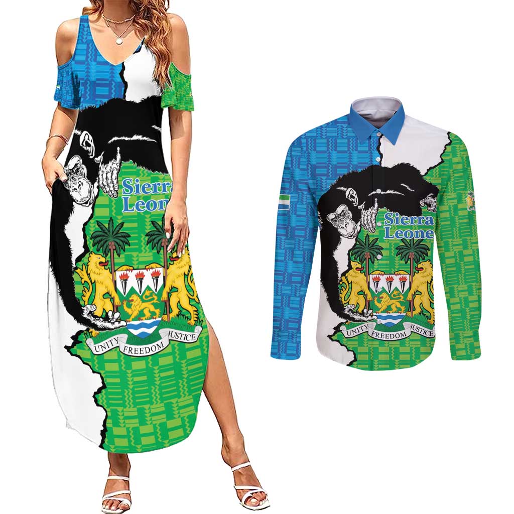 Personalised Sierra Leone Couples Matching Summer Maxi Dress and Long Sleeve Button Shirt Chimpanzee With Coat Of Arms - Wonder Print Shop