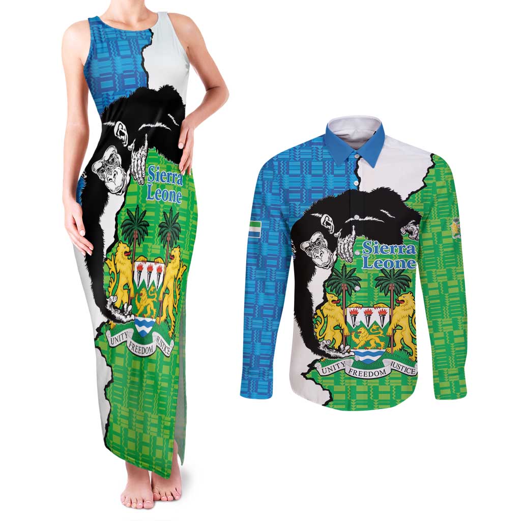 Personalised Sierra Leone Couples Matching Tank Maxi Dress and Long Sleeve Button Shirt Chimpanzee With Coat Of Arms - Wonder Print Shop