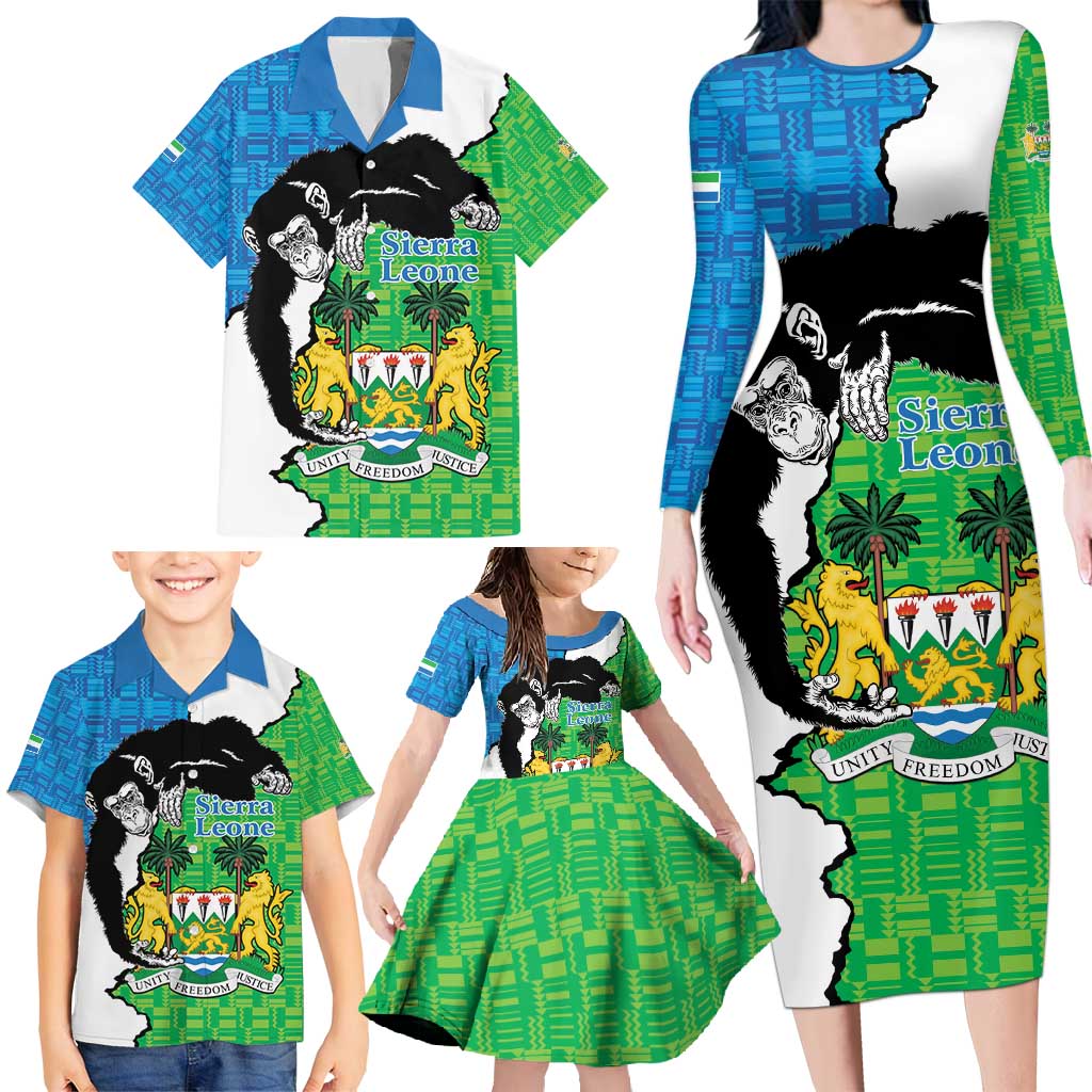 Personalised Sierra Leone Family Matching Long Sleeve Bodycon Dress and Hawaiian Shirt Chimpanzee With Coat Of Arms - Wonder Print Shop