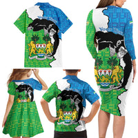 Personalised Sierra Leone Family Matching Long Sleeve Bodycon Dress and Hawaiian Shirt Chimpanzee With Coat Of Arms - Wonder Print Shop