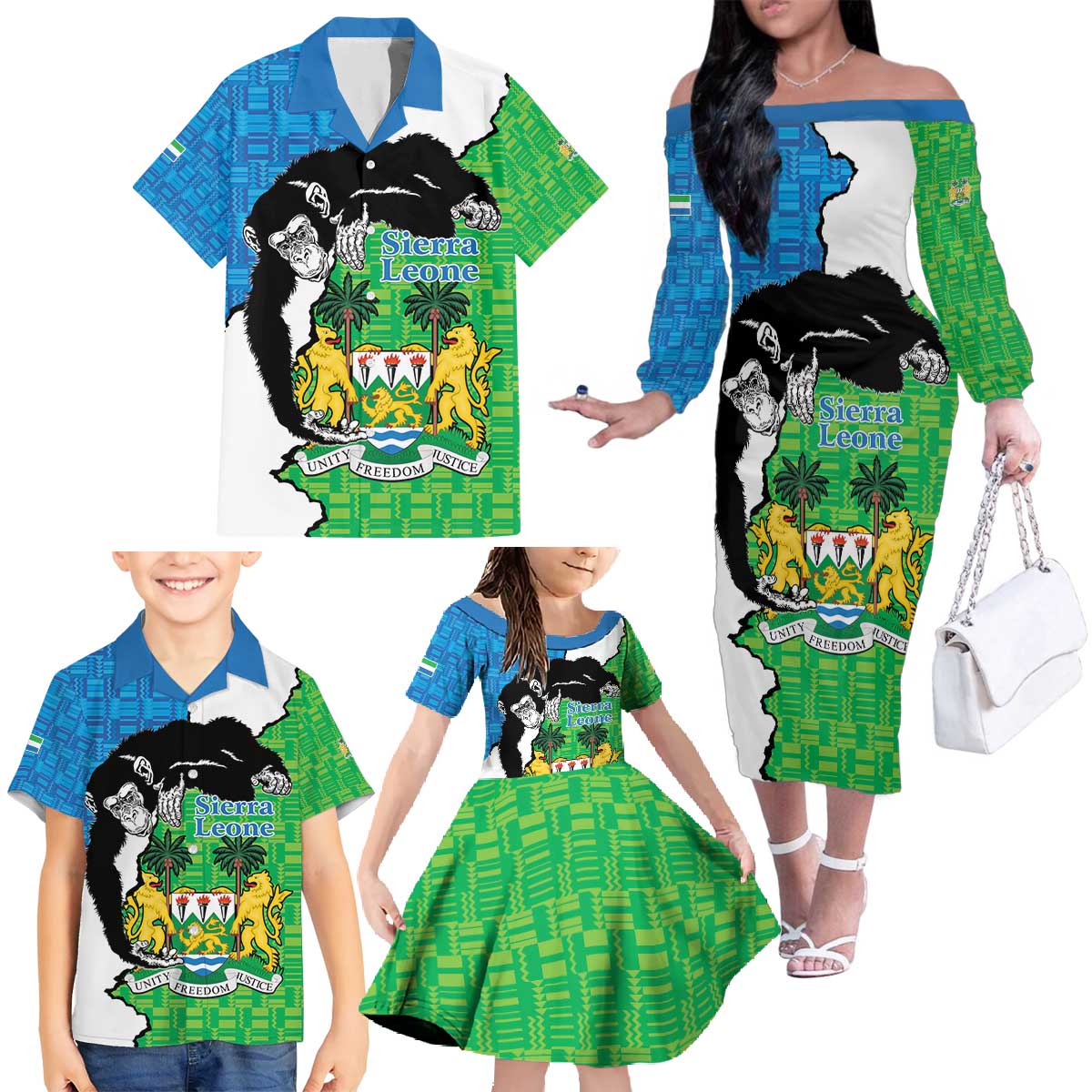 Personalised Sierra Leone Family Matching Off The Shoulder Long Sleeve Dress and Hawaiian Shirt Chimpanzee With Coat Of Arms - Wonder Print Shop