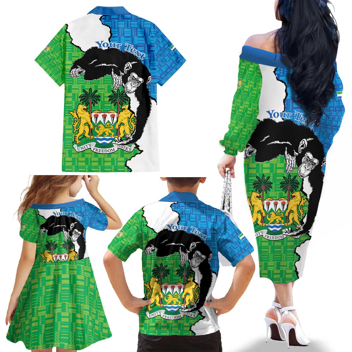Personalised Sierra Leone Family Matching Off The Shoulder Long Sleeve Dress and Hawaiian Shirt Chimpanzee With Coat Of Arms - Wonder Print Shop