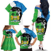 Personalised Sierra Leone Family Matching Off The Shoulder Long Sleeve Dress and Hawaiian Shirt Chimpanzee With Coat Of Arms - Wonder Print Shop
