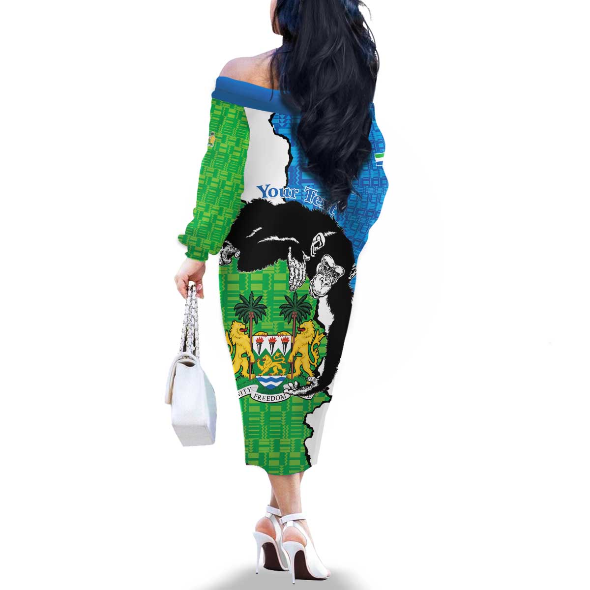 Personalised Sierra Leone Family Matching Off The Shoulder Long Sleeve Dress and Hawaiian Shirt Chimpanzee With Coat Of Arms - Wonder Print Shop