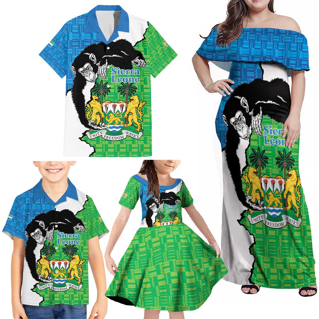 Personalised Sierra Leone Family Matching Off Shoulder Maxi Dress and Hawaiian Shirt Chimpanzee With Coat Of Arms - Wonder Print Shop