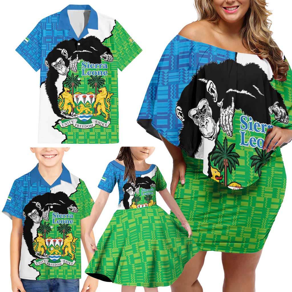 Personalised Sierra Leone Family Matching Off Shoulder Short Dress and Hawaiian Shirt Chimpanzee With Coat Of Arms - Wonder Print Shop