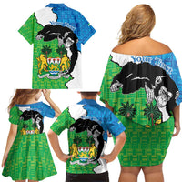Personalised Sierra Leone Family Matching Off Shoulder Short Dress and Hawaiian Shirt Chimpanzee With Coat Of Arms - Wonder Print Shop
