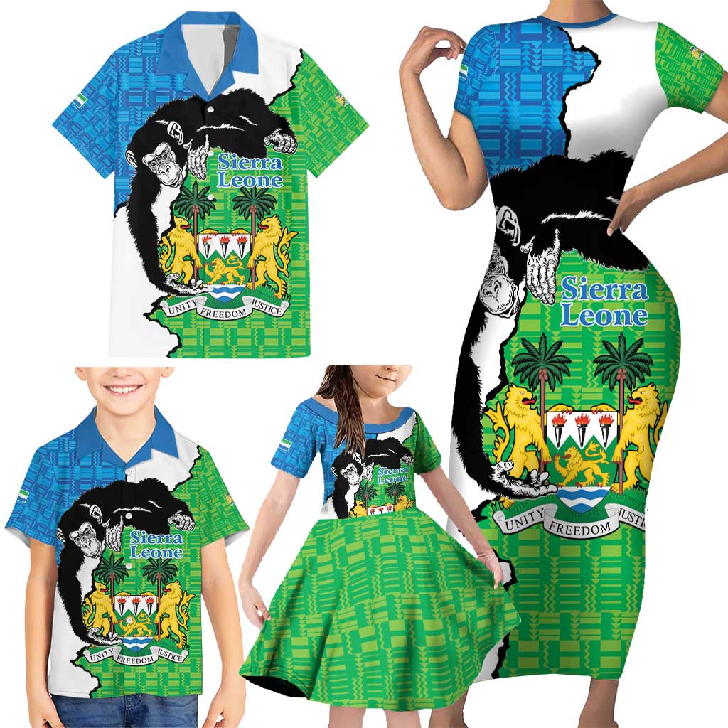 Personalised Sierra Leone Family Matching Short Sleeve Bodycon Dress and Hawaiian Shirt Chimpanzee With Coat Of Arms - Wonder Print Shop