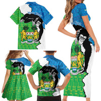 Personalised Sierra Leone Family Matching Short Sleeve Bodycon Dress and Hawaiian Shirt Chimpanzee With Coat Of Arms - Wonder Print Shop