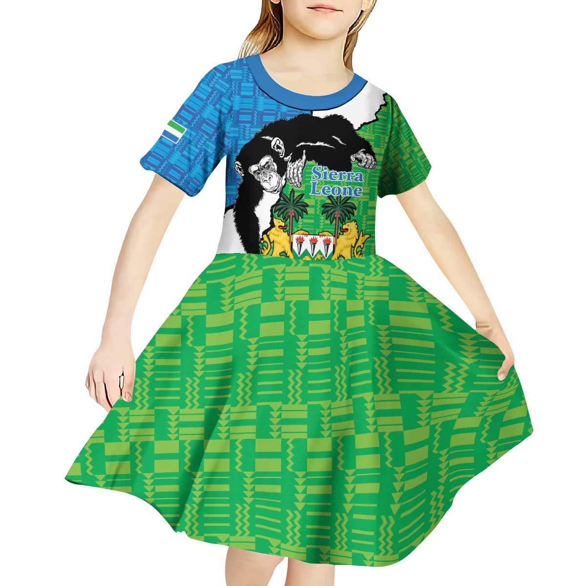 Personalised Sierra Leone Kid Short Sleeve Dress Chimpanzee With Coat Of Arms - Wonder Print Shop