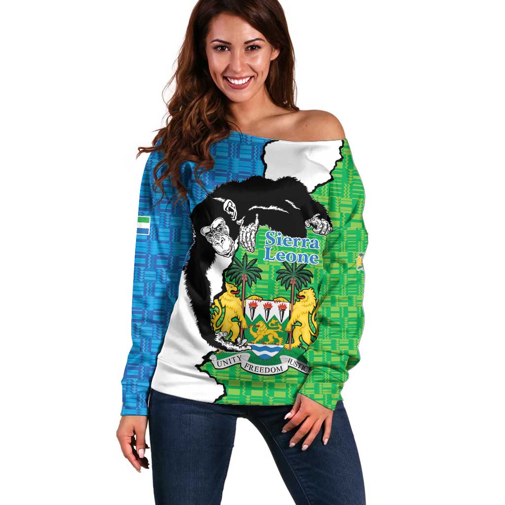 Personalised Sierra Leone Off Shoulder Sweater Chimpanzee With Coat Of Arms - Wonder Print Shop