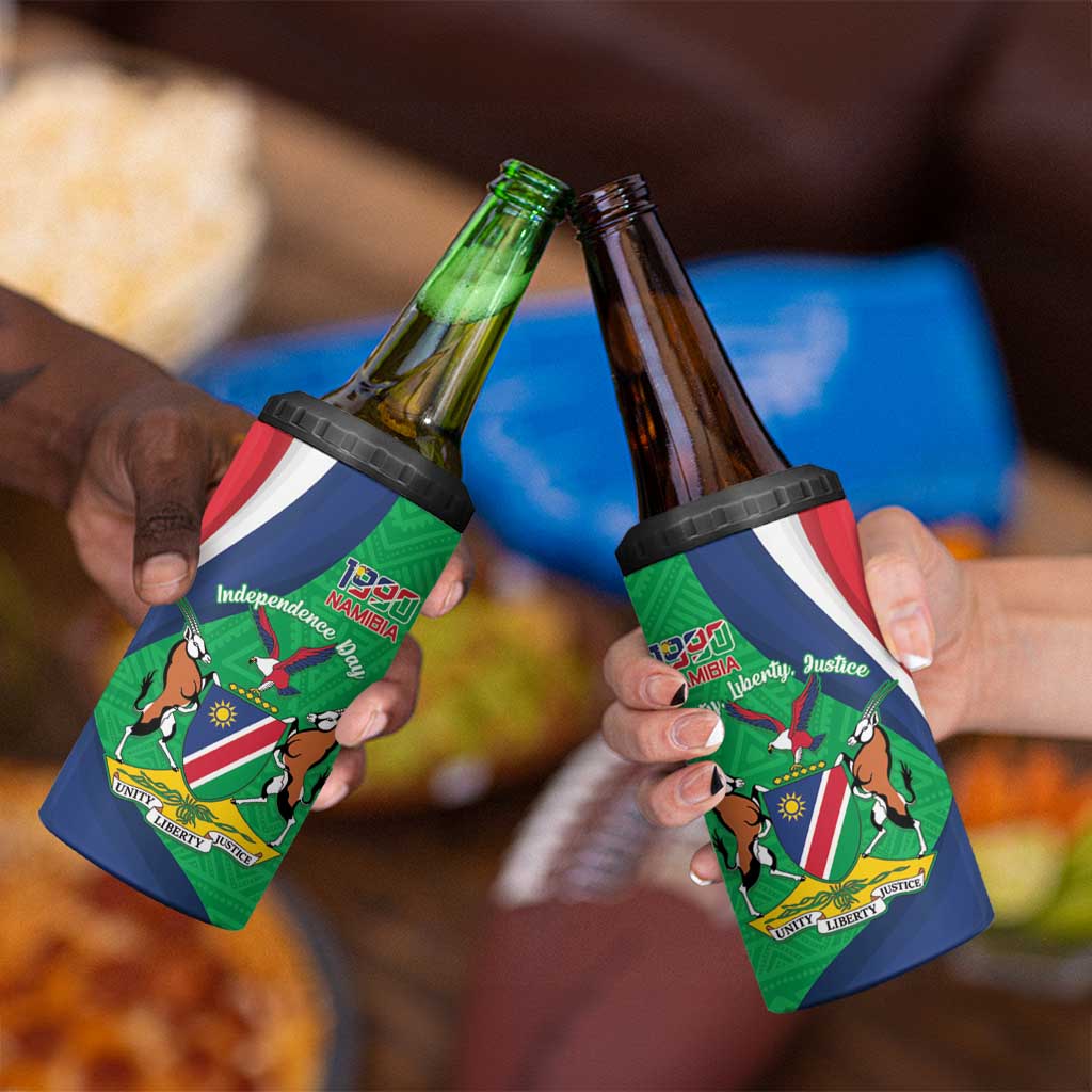 Personalised Namibia Independence Day 4 in 1 Can Cooler Tumbler Coat Of Arms With African Pattern