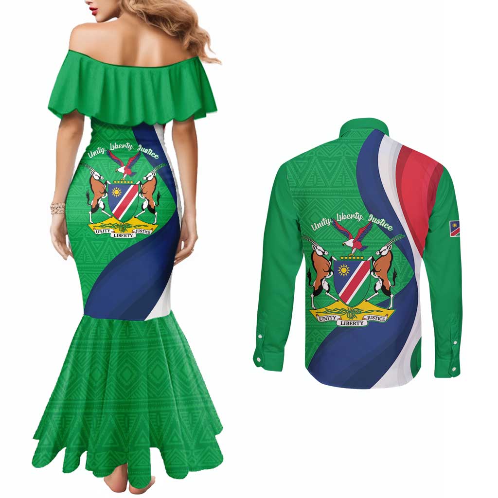 Personalised Namibia Independence Day Couples Matching Mermaid Dress and Long Sleeve Button Shirt Coat Of Arms With African Pattern