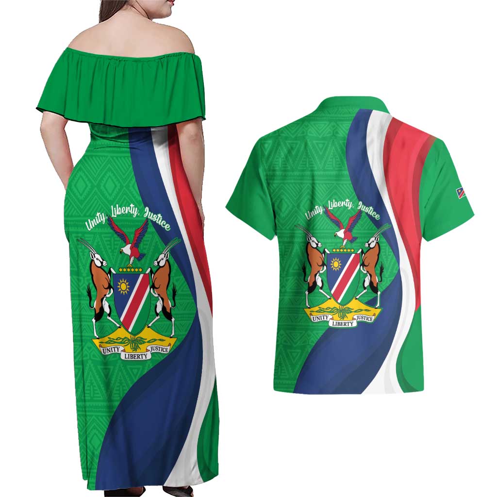 Personalised Namibia Independence Day Couples Matching Off Shoulder Maxi Dress and Hawaiian Shirt Coat Of Arms With African Pattern