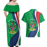 Personalised Namibia Independence Day Couples Matching Off Shoulder Maxi Dress and Hawaiian Shirt Coat Of Arms With African Pattern