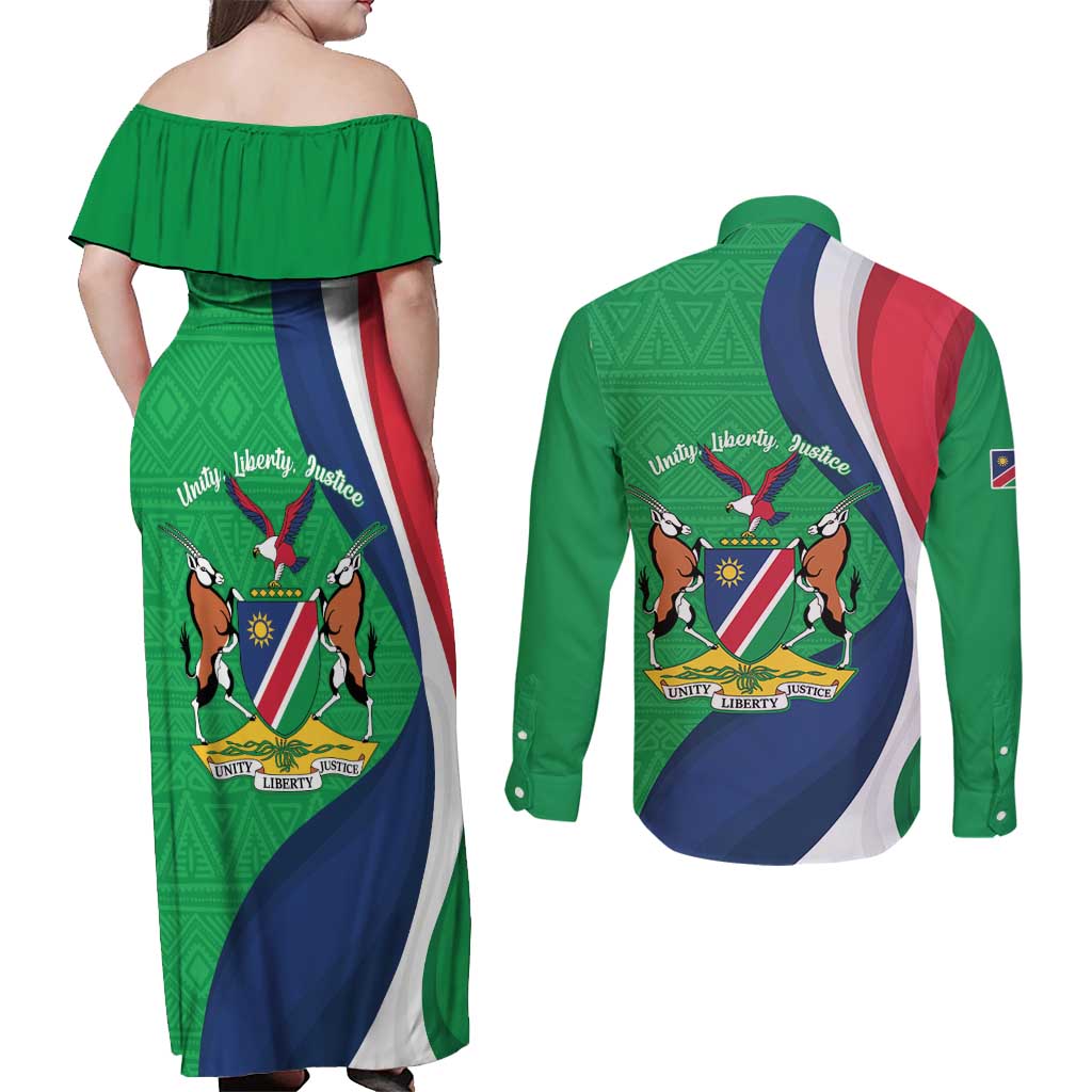 Personalised Namibia Independence Day Couples Matching Off Shoulder Maxi Dress and Long Sleeve Button Shirt Coat Of Arms With African Pattern