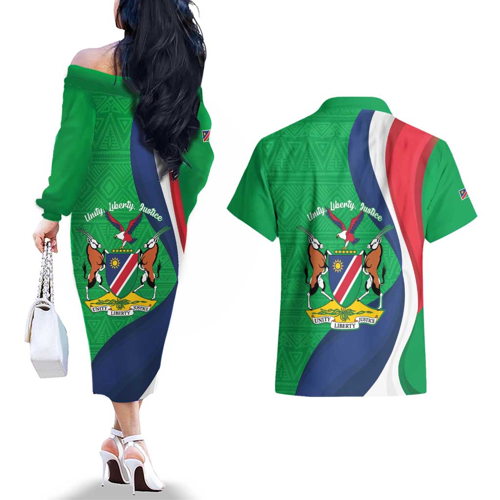 Personalised Namibia Independence Day Couples Matching Off The Shoulder Long Sleeve Dress and Hawaiian Shirt Coat Of Arms With African Pattern