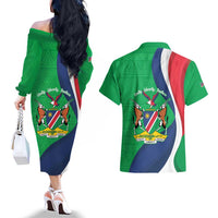 Personalised Namibia Independence Day Couples Matching Off The Shoulder Long Sleeve Dress and Hawaiian Shirt Coat Of Arms With African Pattern