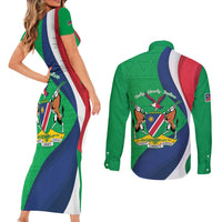 Personalised Namibia Independence Day Couples Matching Short Sleeve Bodycon Dress and Long Sleeve Button Shirt Coat Of Arms With African Pattern