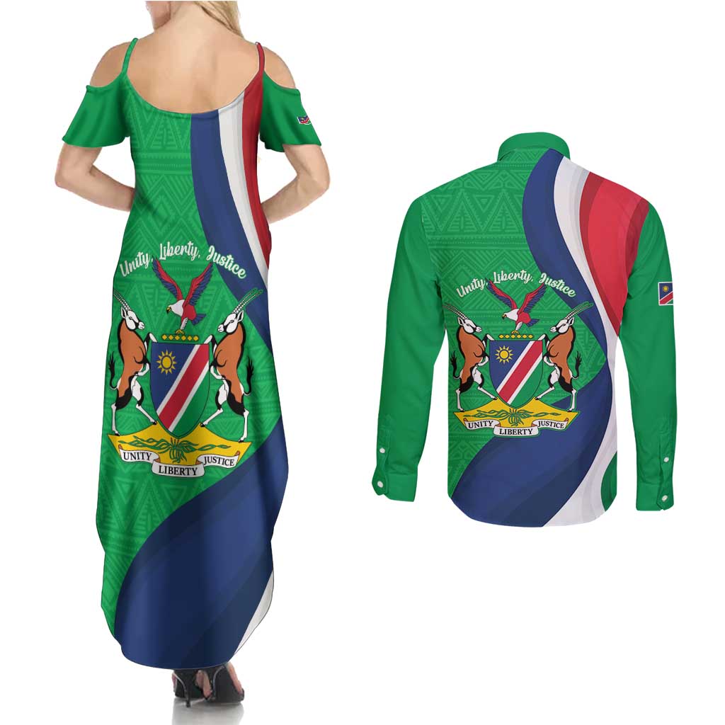 Personalised Namibia Independence Day Couples Matching Summer Maxi Dress and Long Sleeve Button Shirt Coat Of Arms With African Pattern