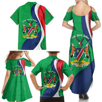 Personalised Namibia Independence Day Family Matching Summer Maxi Dress and Hawaiian Shirt Coat Of Arms With African Pattern