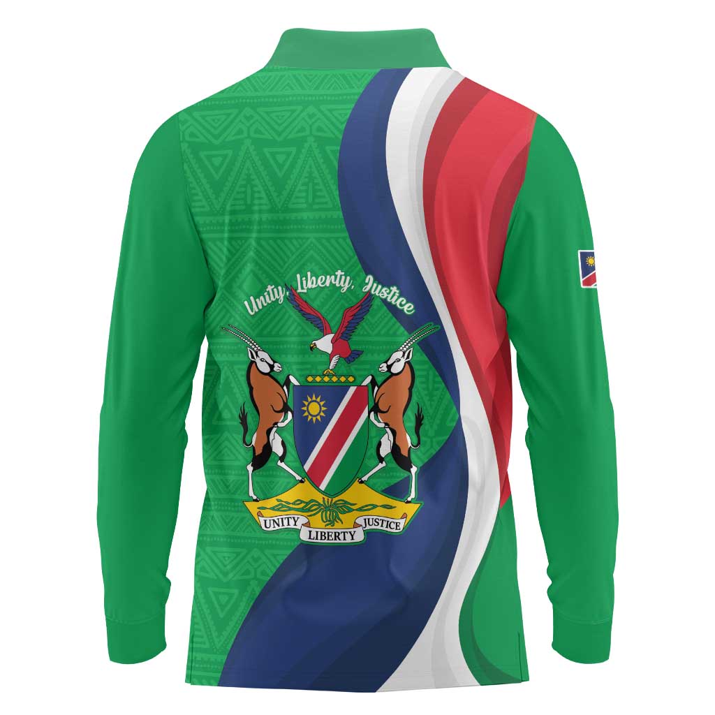 Personalised Namibia Independence Day Long Sleeve Polo Shirt Coat Of Arms With African Pattern