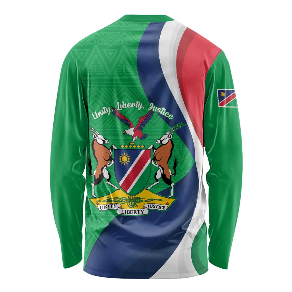 Personalised Namibia Independence Day Long Sleeve Shirt Coat Of Arms With African Pattern
