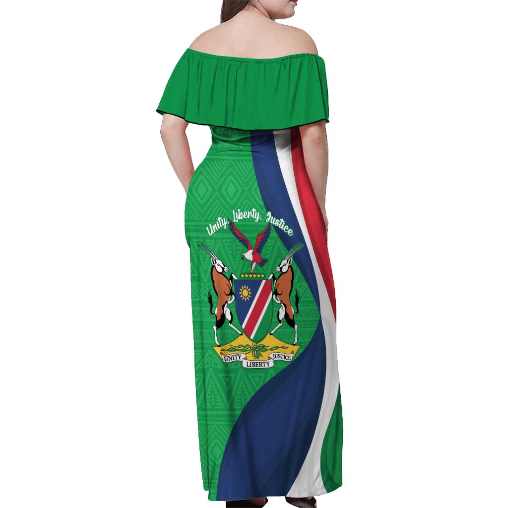 Personalised Namibia Independence Day Off Shoulder Maxi Dress Coat Of Arms With African Pattern