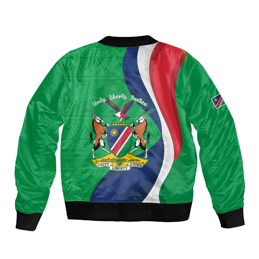 Personalised Namibia Independence Day Sleeve Zip Bomber Jacket Coat Of Arms With African Pattern