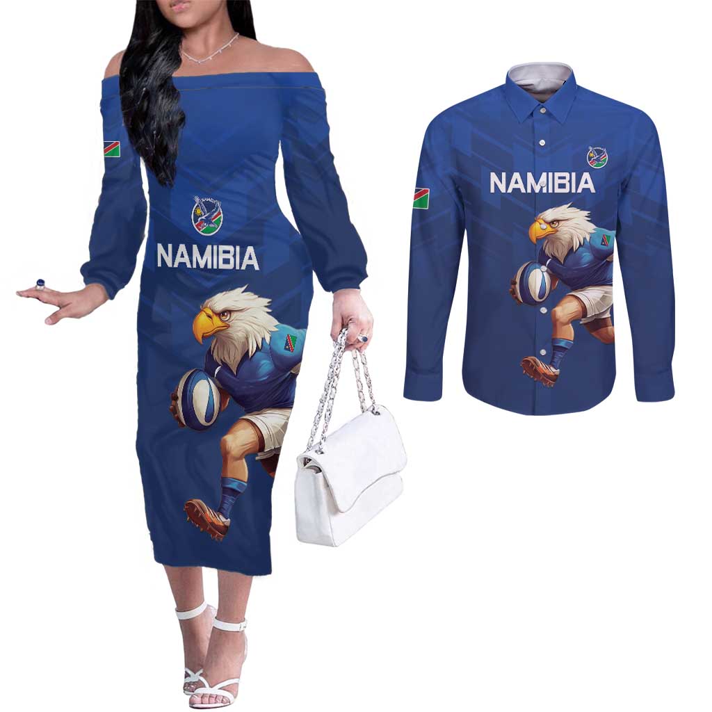 Namibia Rugby Custom Couples Matching Off The Shoulder Long Sleeve Dress and Long Sleeve Button Shirt Go Welwitschias