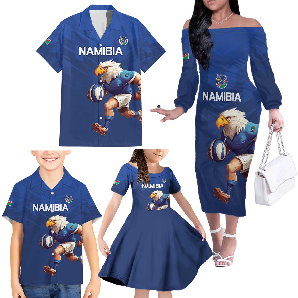 Namibia Rugby Custom Family Matching Off The Shoulder Long Sleeve Dress and Hawaiian Shirt Go Welwitschias