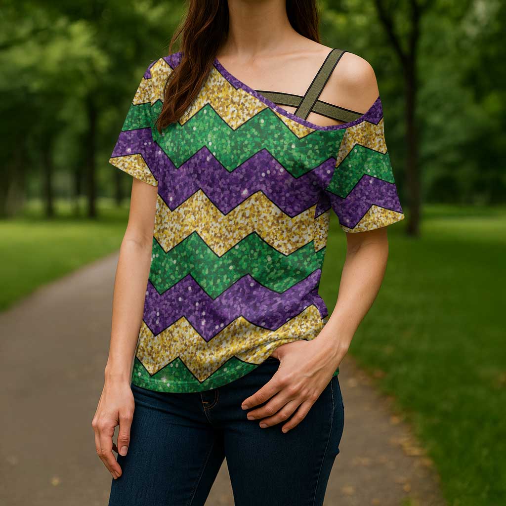Mardi Gras Zigzag Sparkle Style Cross Shoulder Shirt