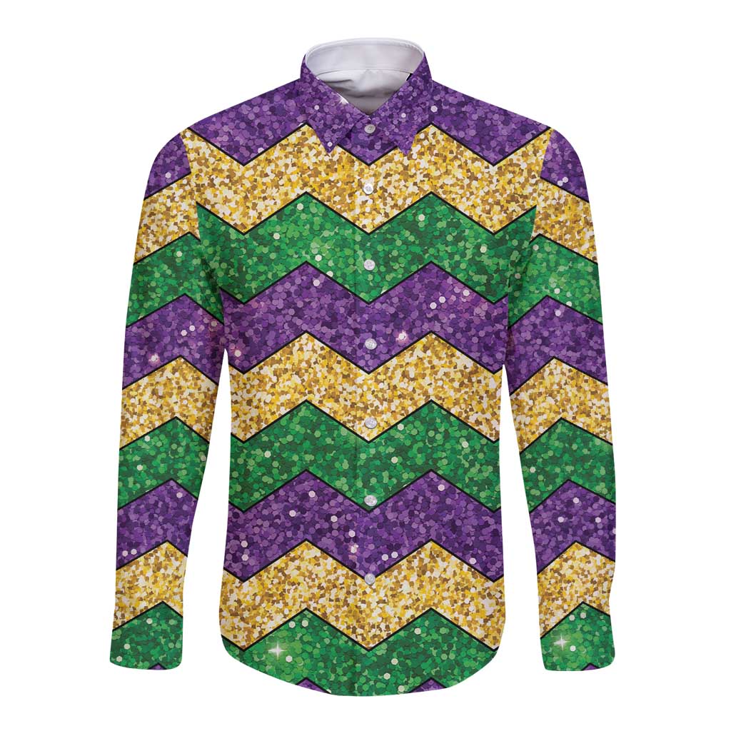 Mardi Gras Zigzag Sparkle Style Long Sleeve Button Shirt