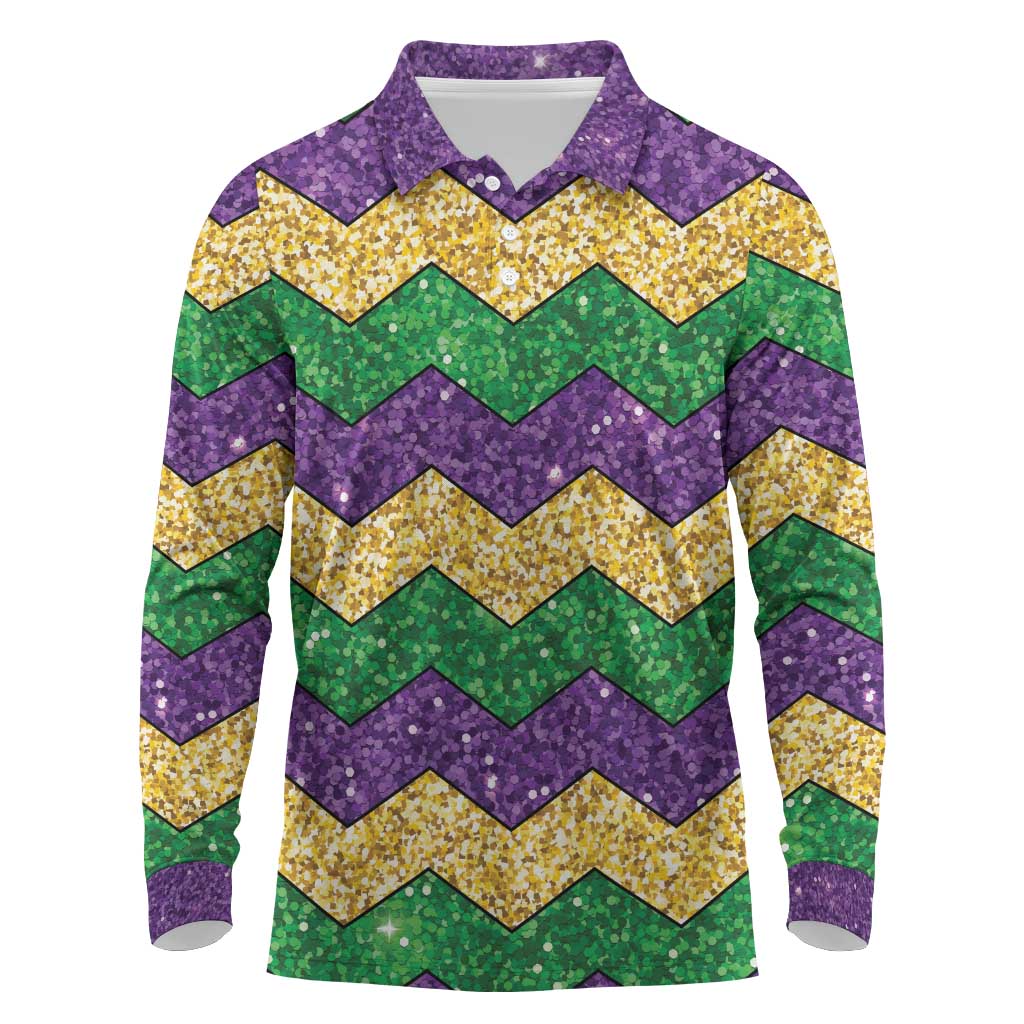 Mardi Gras Zigzag Sparkle Style Long Sleeve Polo Shirt