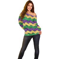 Mardi Gras Zigzag Sparkle Style Off Shoulder Sweater