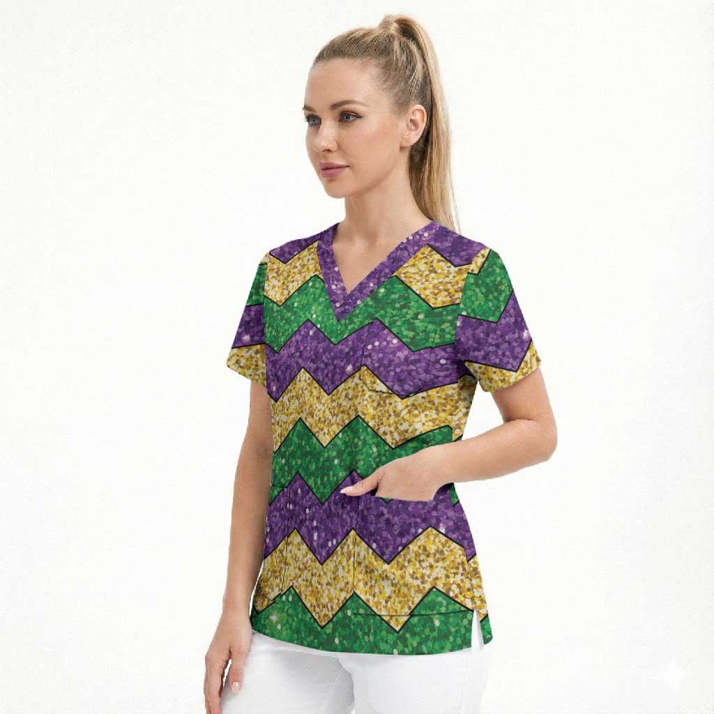 Mardi Gras Zigzag Sparkle Style Scrub Top