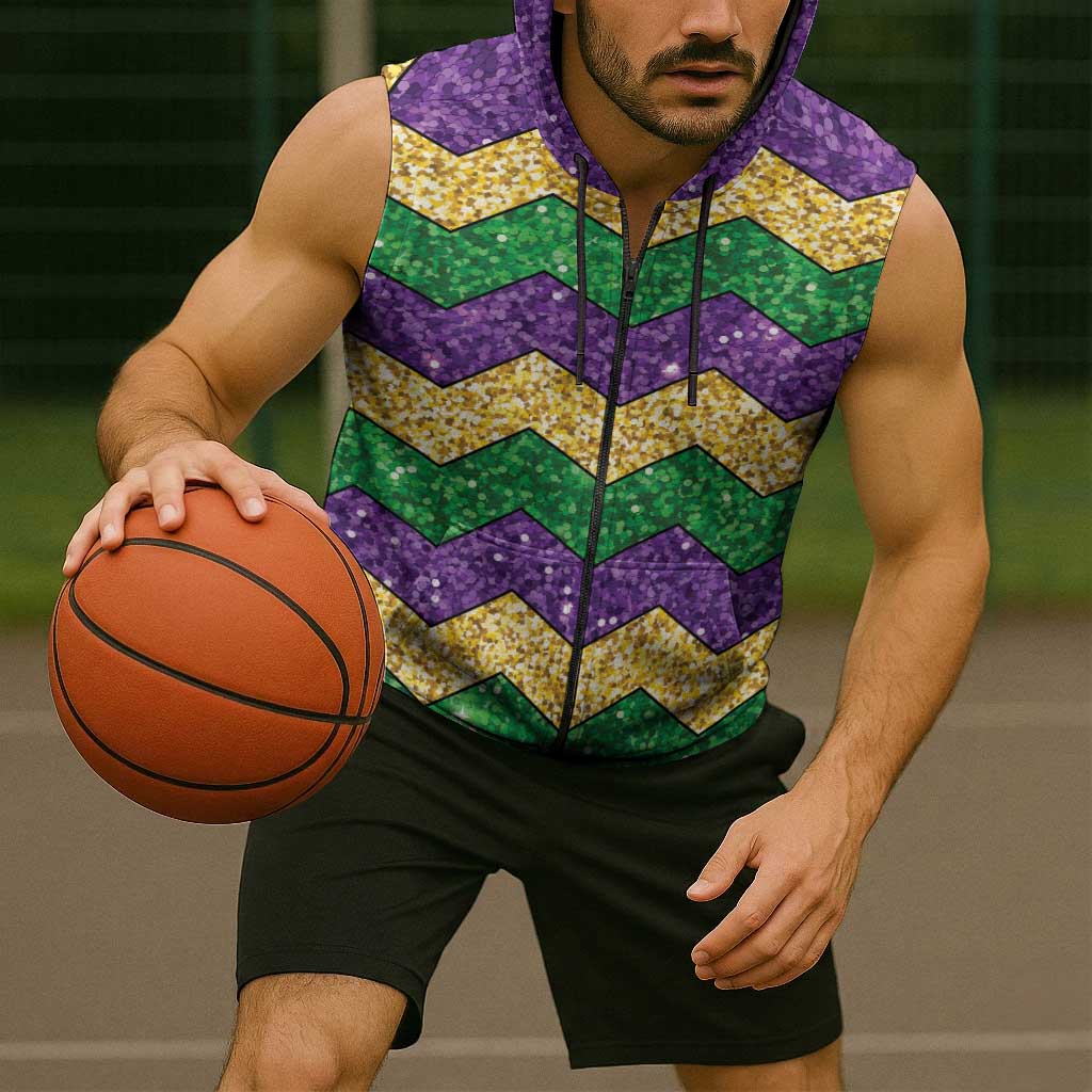 Mardi Gras Zigzag Sparkle Style Sleeveless Zip Hoodie