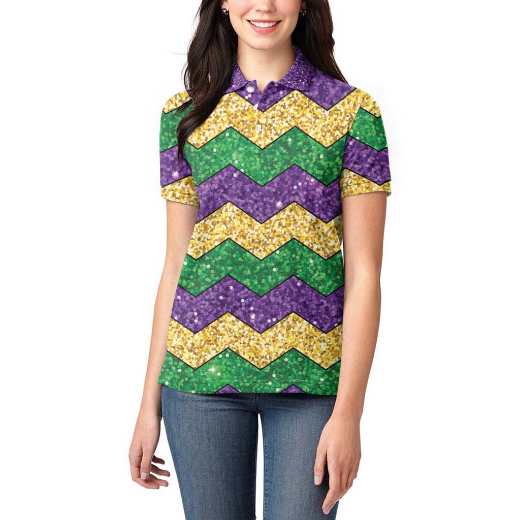 Mardi Gras Zigzag Sparkle Style Women Polo Shirt