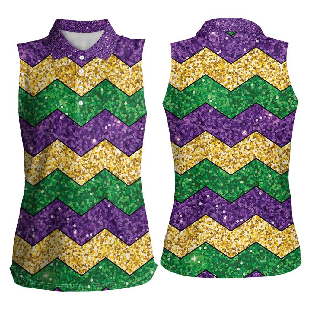 Mardi Gras Zigzag Sparkle Style Women Sleeveless Polo Shirt