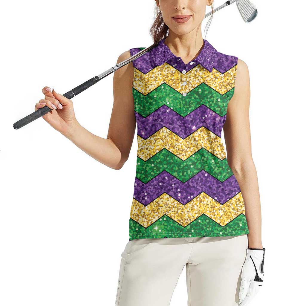 Mardi Gras Zigzag Sparkle Style Women Sleeveless Polo Shirt