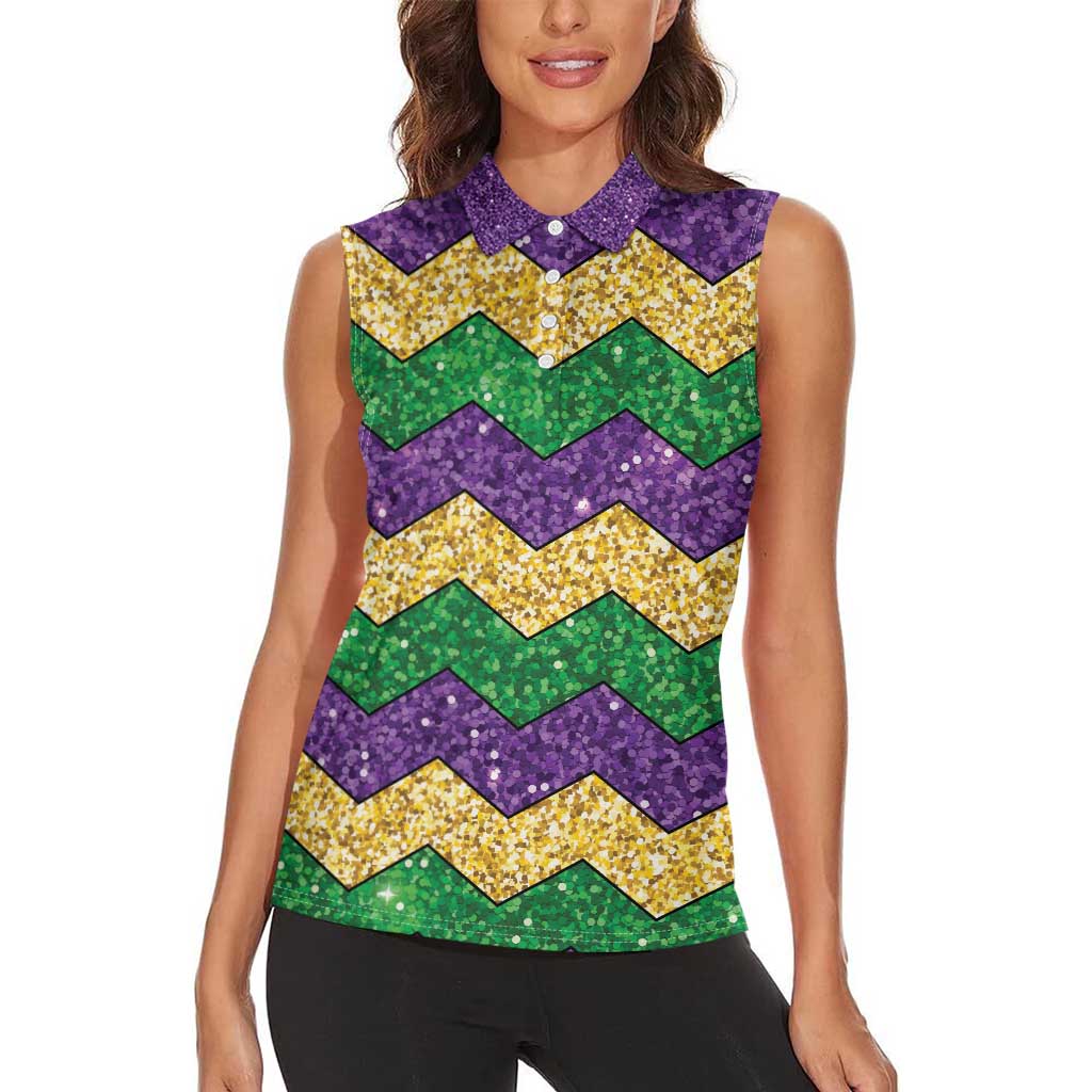 Mardi Gras Zigzag Sparkle Style Women Sleeveless Polo Shirt