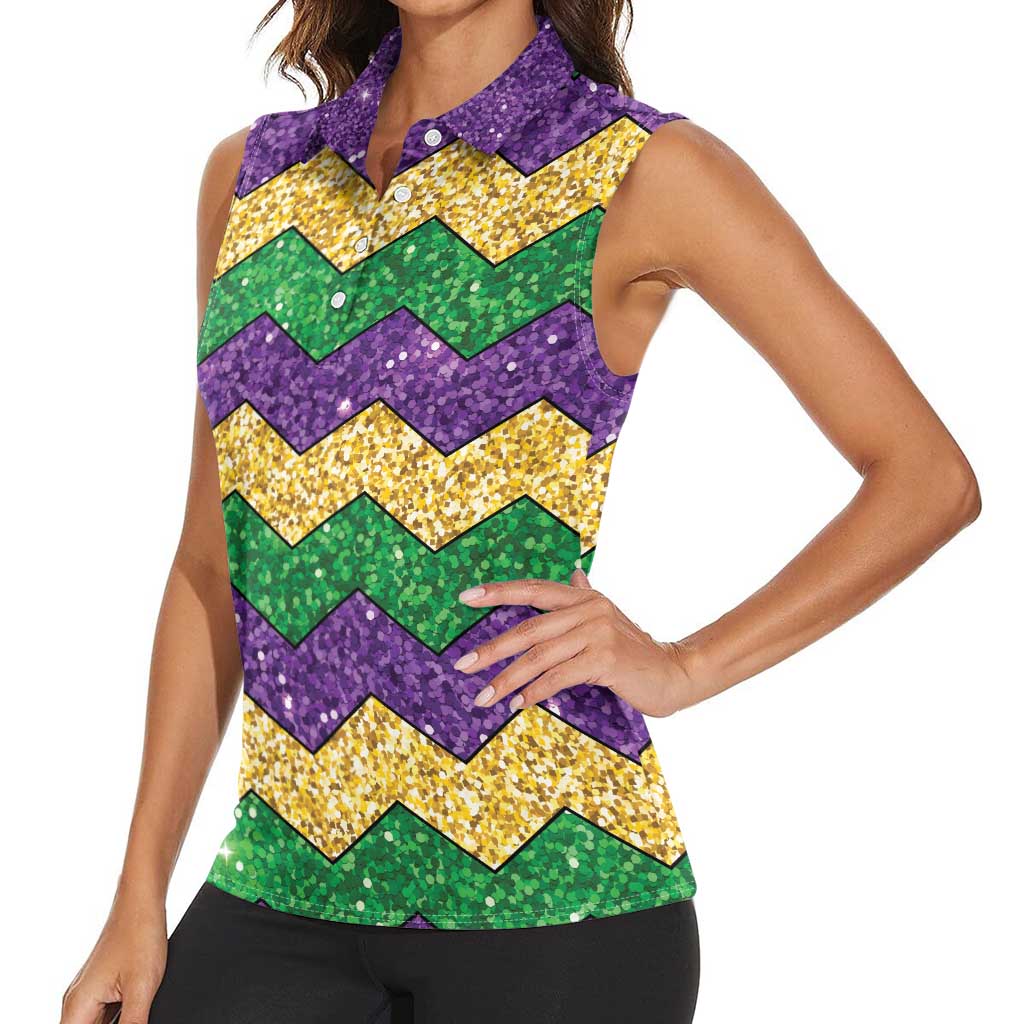 Mardi Gras Zigzag Sparkle Style Women Sleeveless Polo Shirt