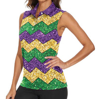Mardi Gras Zigzag Sparkle Style Women Sleeveless Polo Shirt