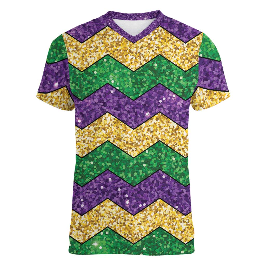 Mardi Gras Zigzag Sparkle Style Women V-Neck T-Shirt