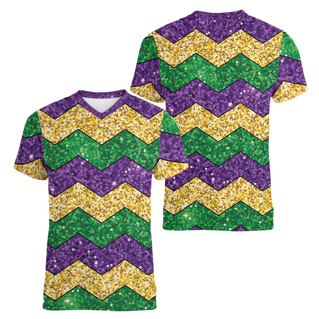 Mardi Gras Zigzag Sparkle Style Women V-Neck T-Shirt