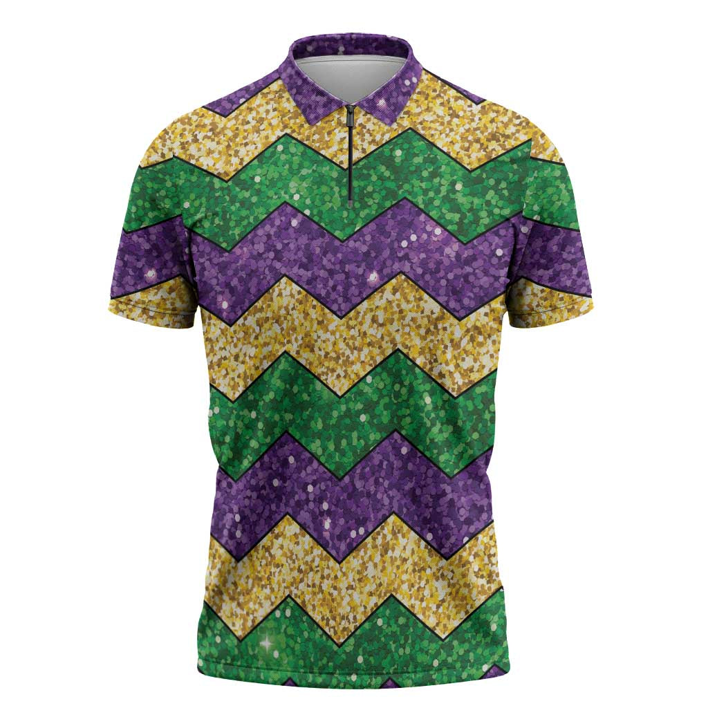 Mardi Gras Zigzag Sparkle Style Zipper Polo Shirt