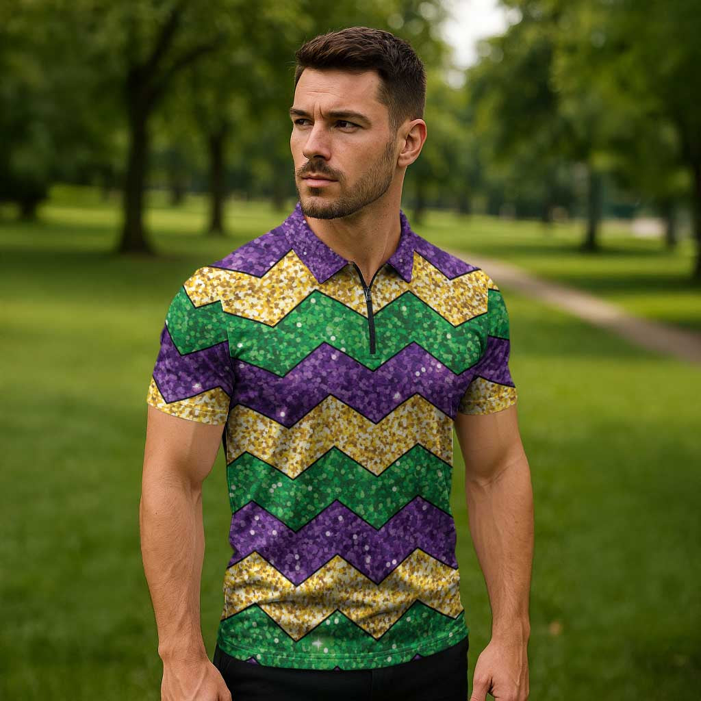 Mardi Gras Zigzag Sparkle Style Zipper Polo Shirt