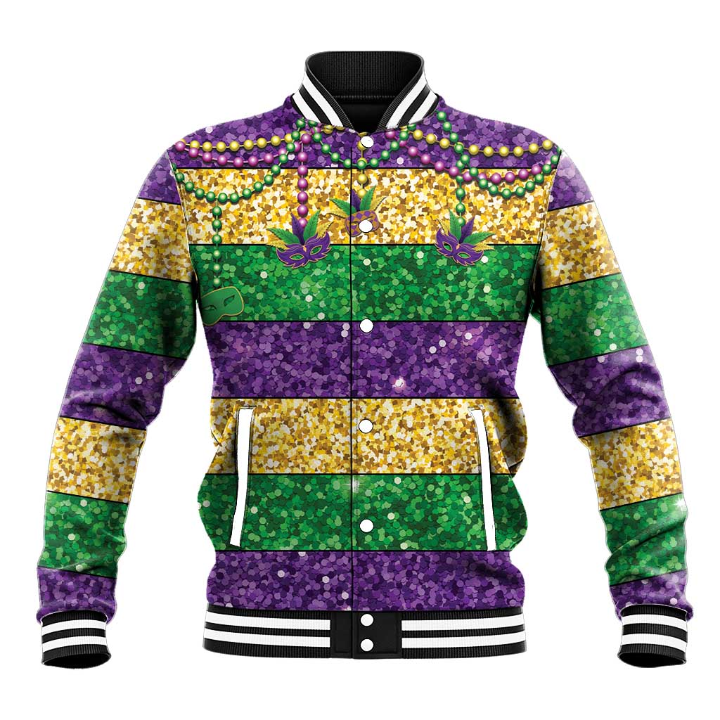 Mardi Gras Stripes Baseball Jacket Carnival Beads & Masks